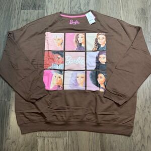Barbie Graphic Sweatshirt Brown 2X Women's Crewneck Long Sleeve Pullover Top NEW